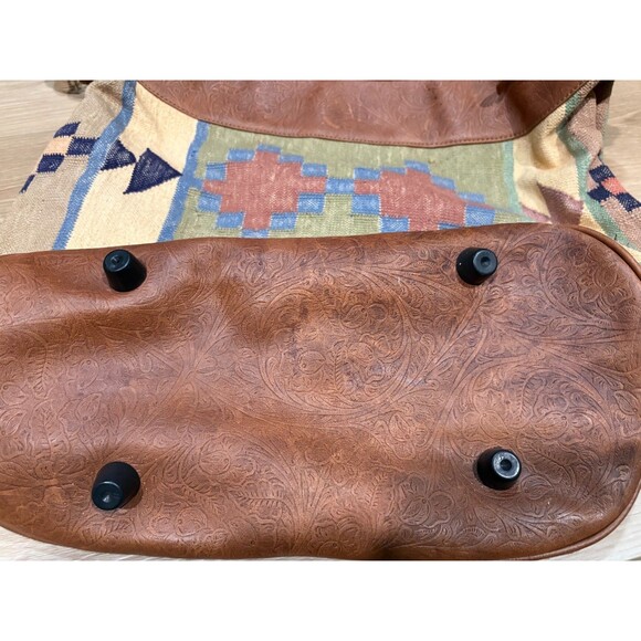 vintage Large Boho Tote Bag Crossbody Strap Aztec Weave Brown Leather Trim - Picture 4 of 7